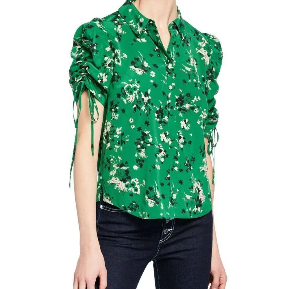 EUC Veronica Beard Carmine Ruched-Sleeve Silk Button-Front Blouse – Green Floral